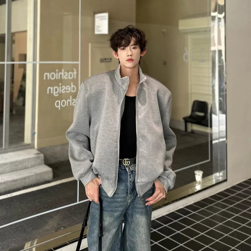 Bonsir fall fits men Autumn Casual Cardigan Jacket Gray Jacket Men's Loose Profile Internet Celebrity High-Grade Short Stand Collar Sports Sweater