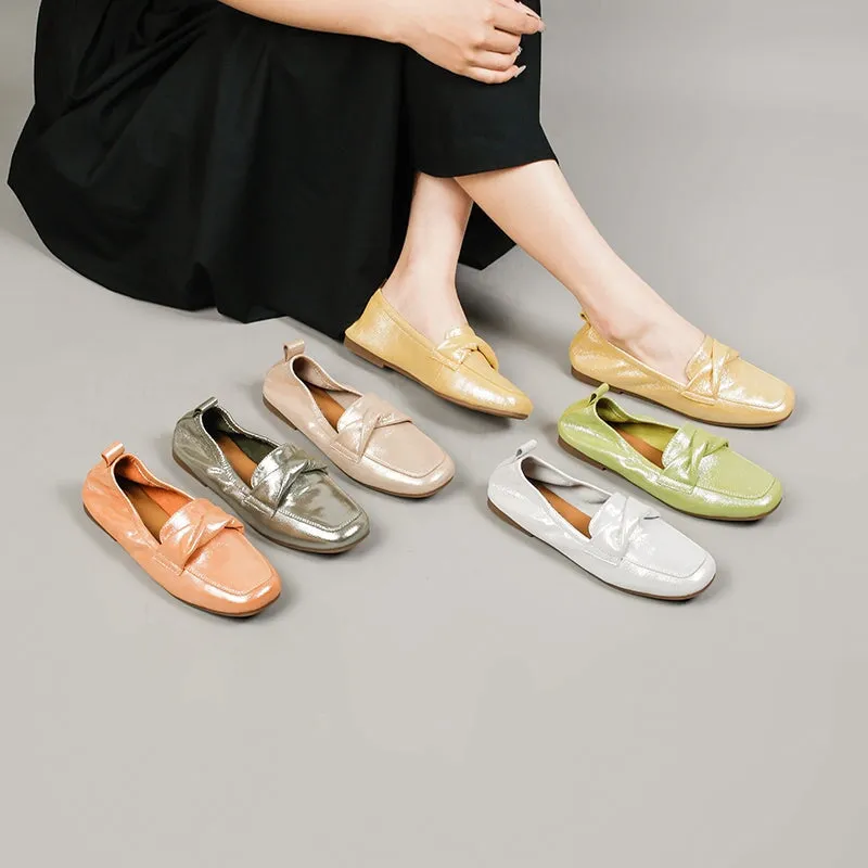 Bow Detail Flat Leather Loafers Soft Round Toe Handmade in 6 Colors