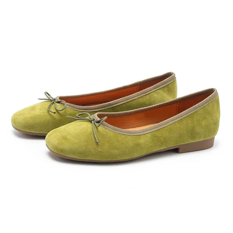 Bow-Detail Suede Leather Slip-on For Women Handmade Soft Flats Green/Yellow/Khaki/Apricot/Pink