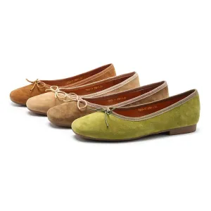 Bow-Detail Suede Leather Slip-on For Women Handmade Soft Flats Green/Yellow/Khaki/Apricot/Pink