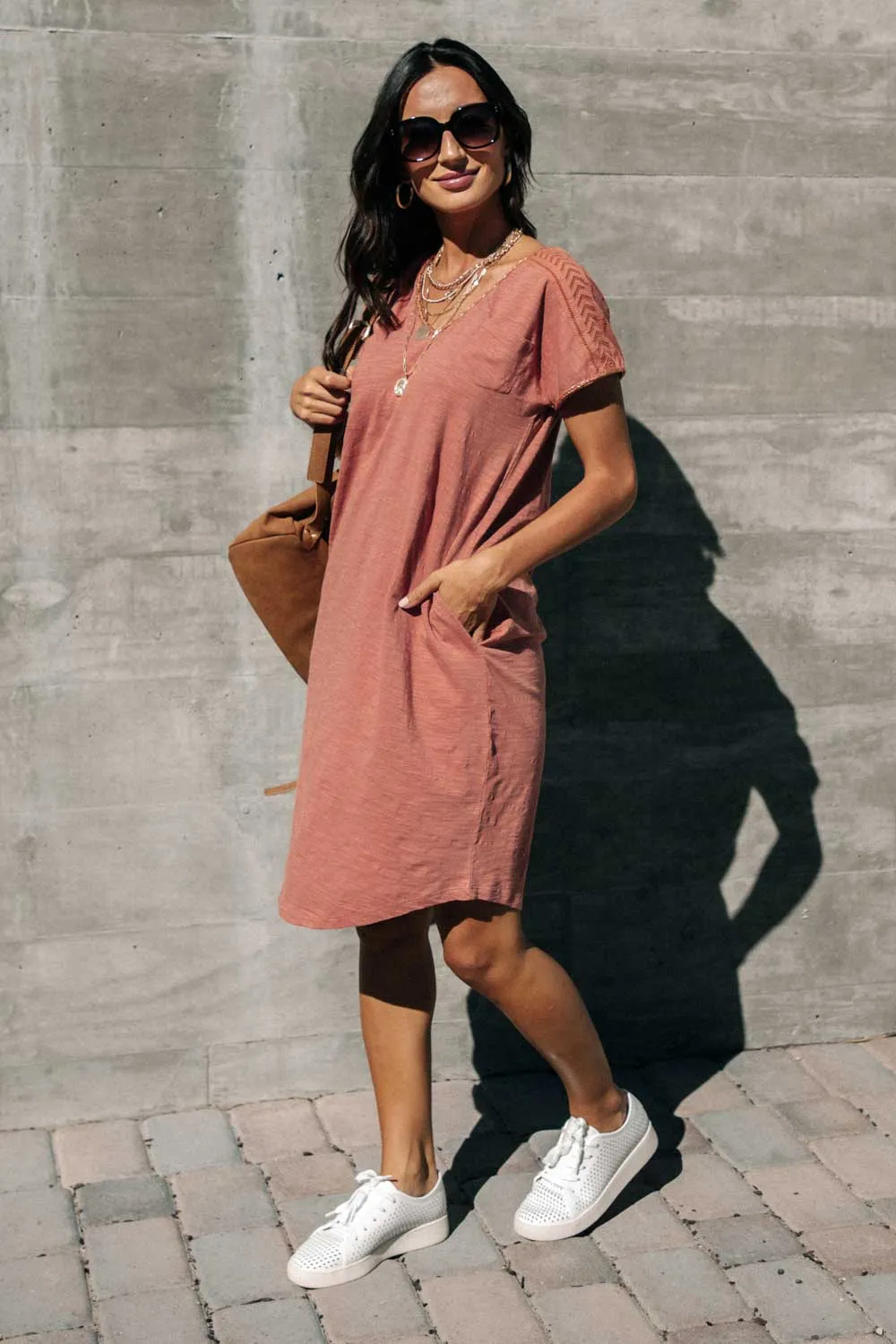 Braid Detail Midi T-Shirt Dress in Clay