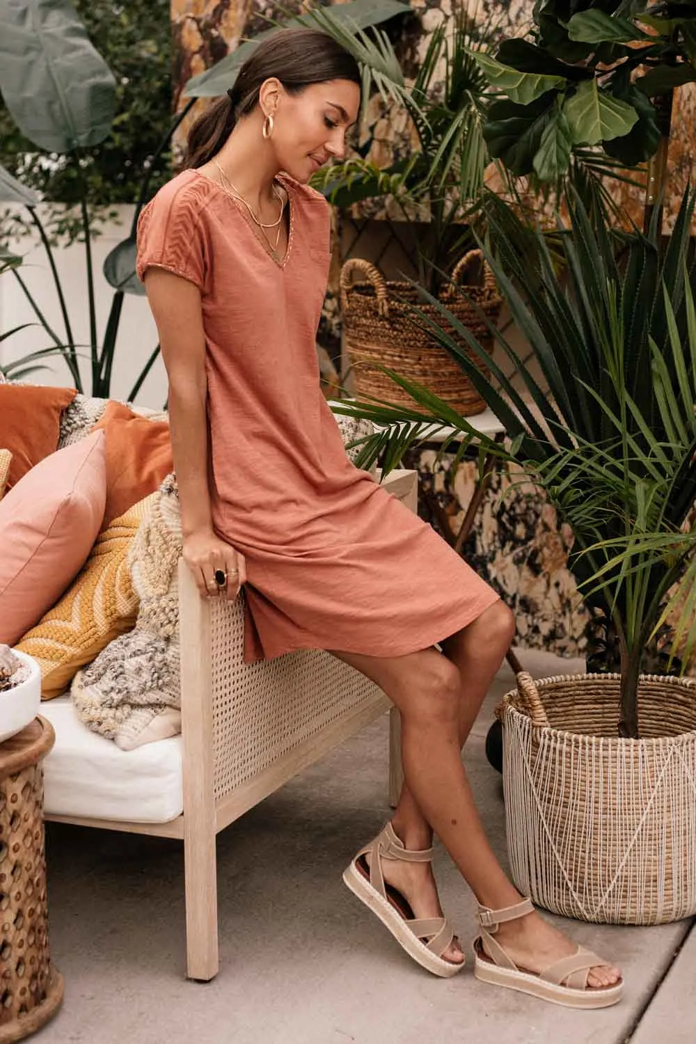 Braid Detail Midi T-Shirt Dress in Clay