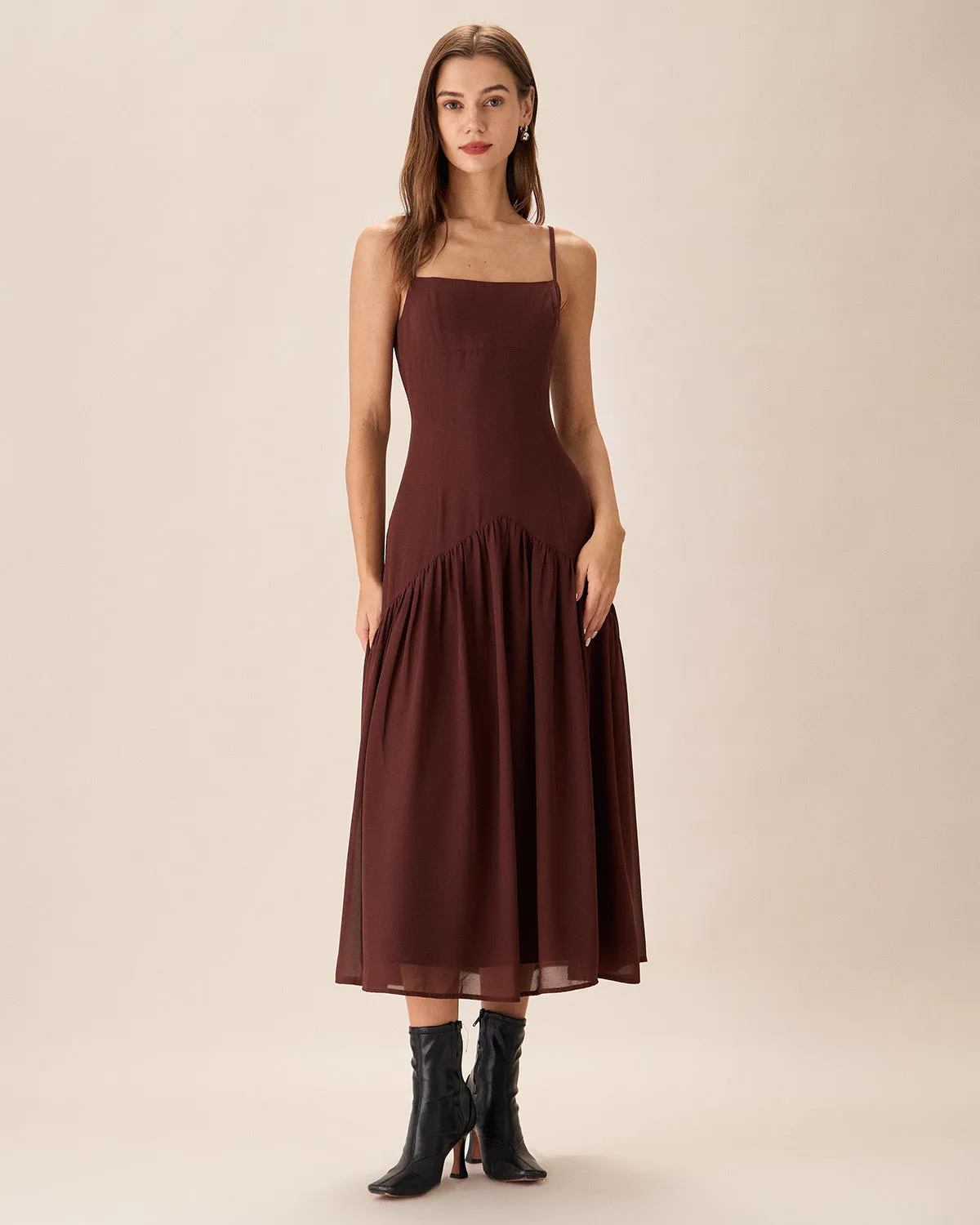 Brown Chiffon Ruched Slip Midi Dress