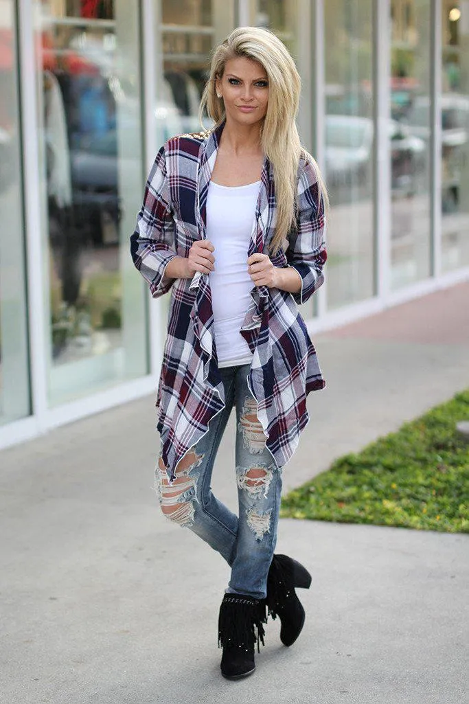 Burgundy Plaid Cardigan With Sequin Back