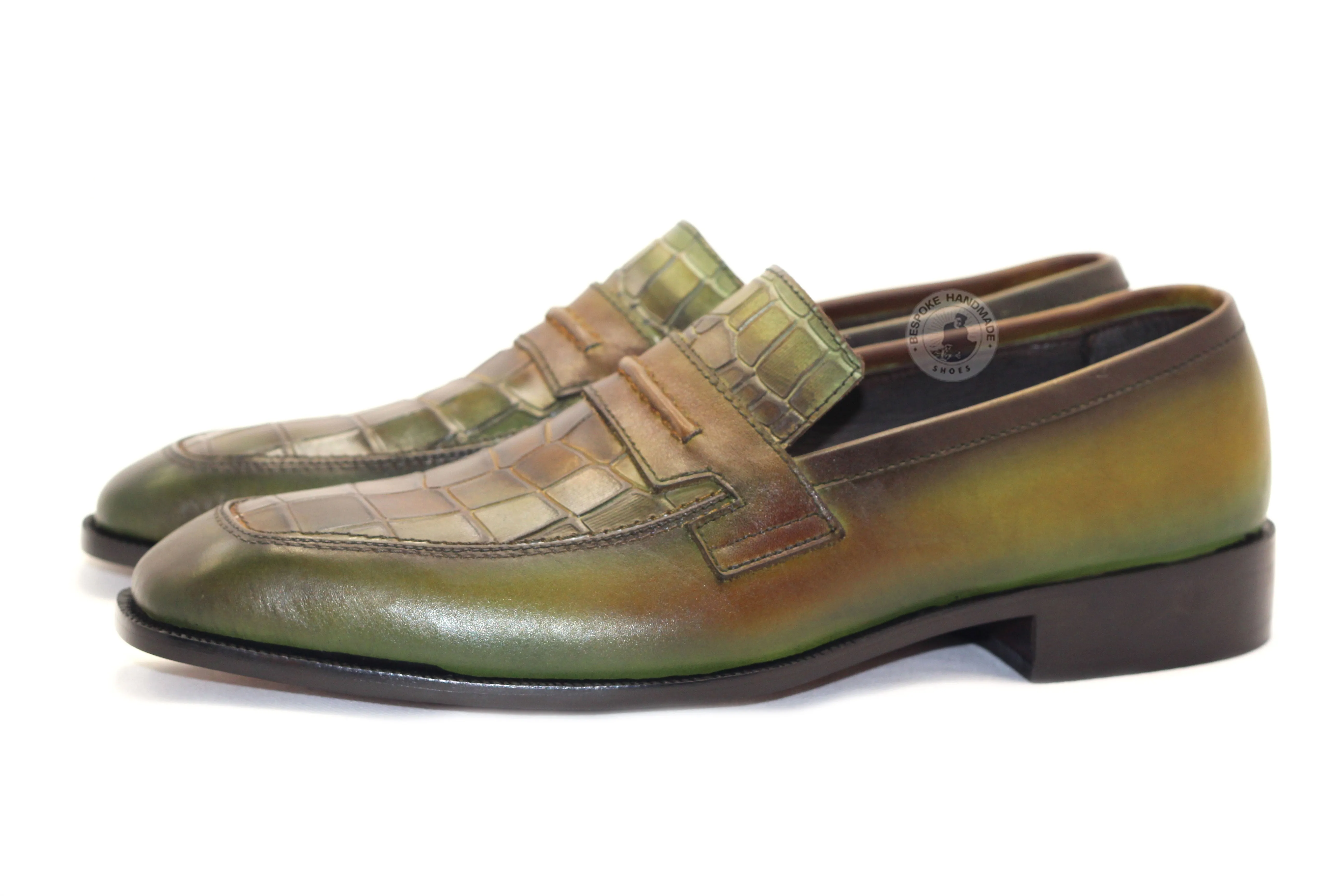 Buy Tailor made Men's Green Crocodile Print Leather Slip On Loafers Dress and Formal Shoes for men's