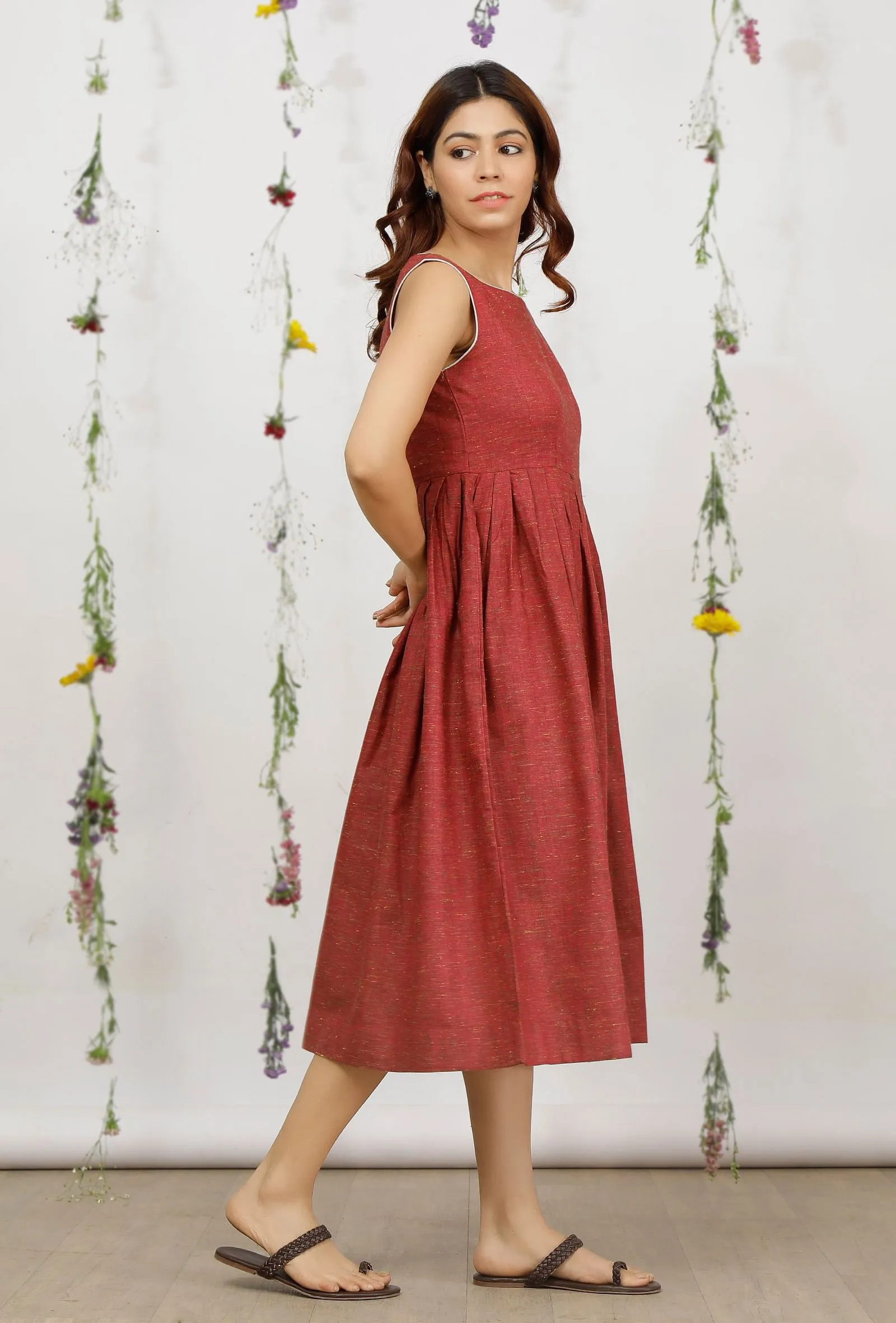 Carmine Red Khadi Cotton Sleeveless Flared Dress