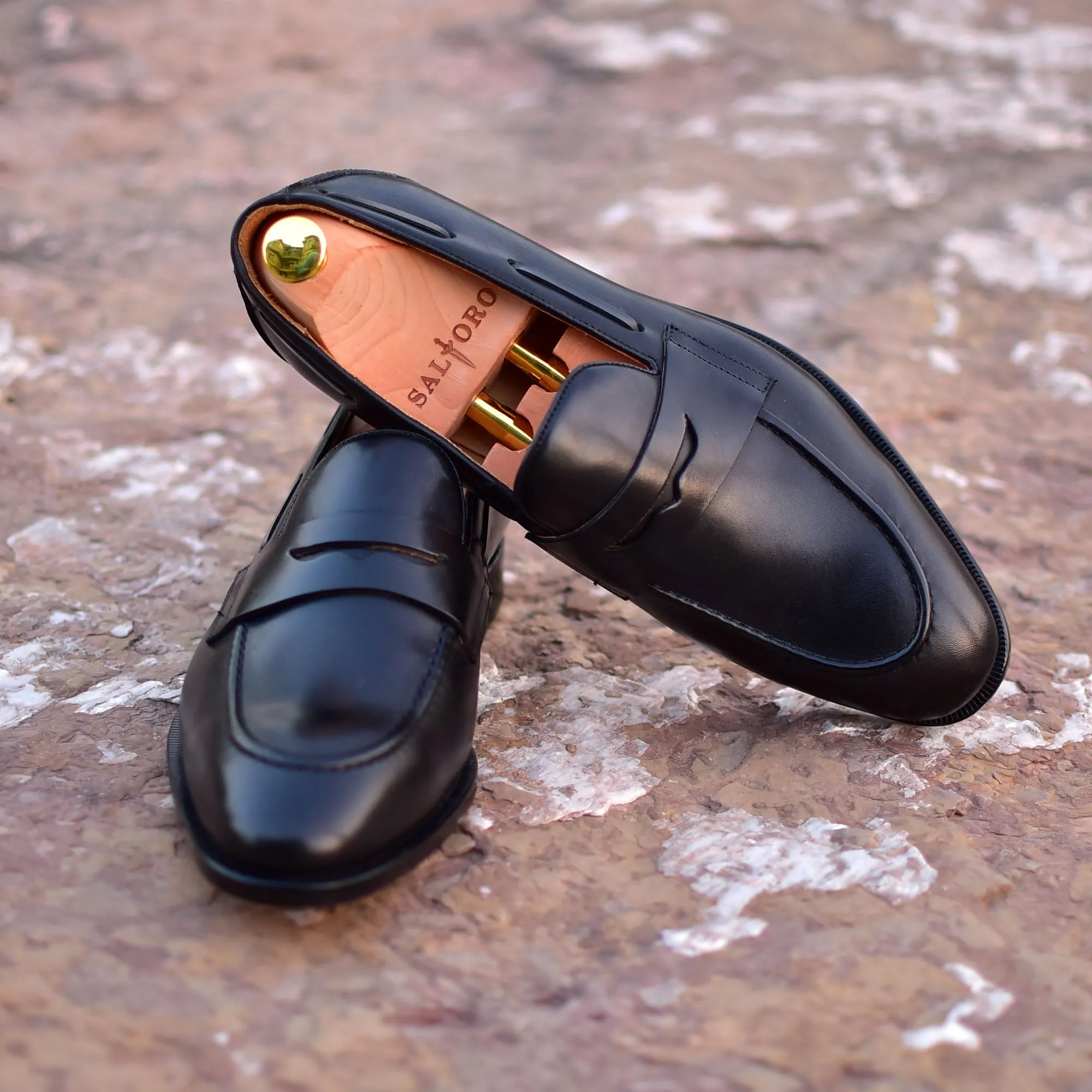 Carrera - Black Leather Slip-On Penny Loafers