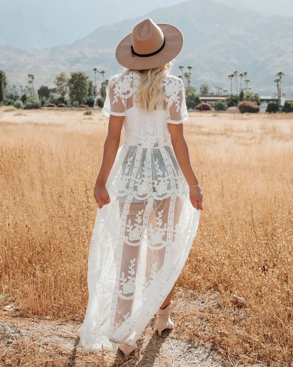 Casa Blanca Embroidered Sheer Lace Midi Dress