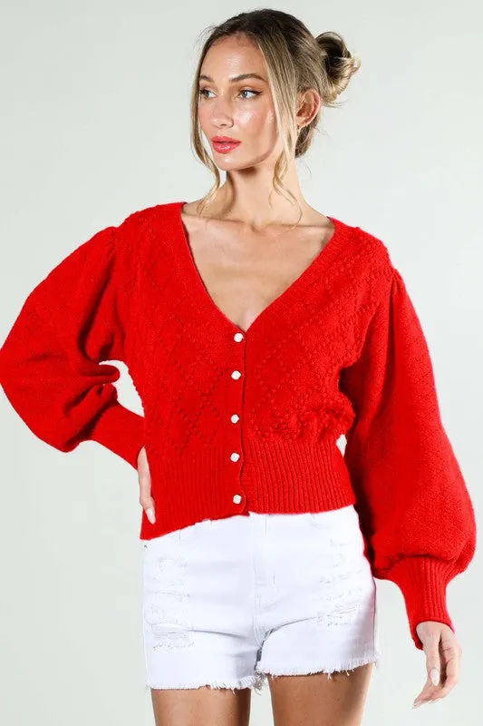 Cassidy Long Balloon Sleeve Textured Cropped Cardigan Red