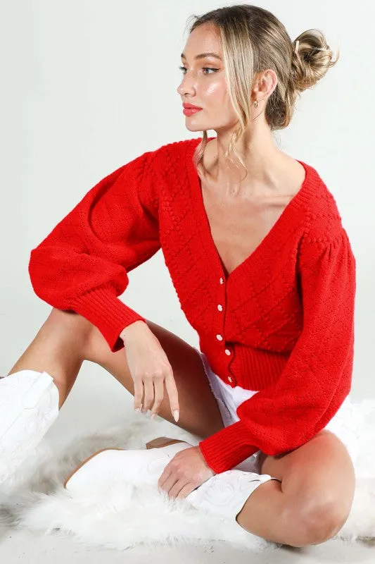 Cassidy Long Balloon Sleeve Textured Cropped Cardigan Red