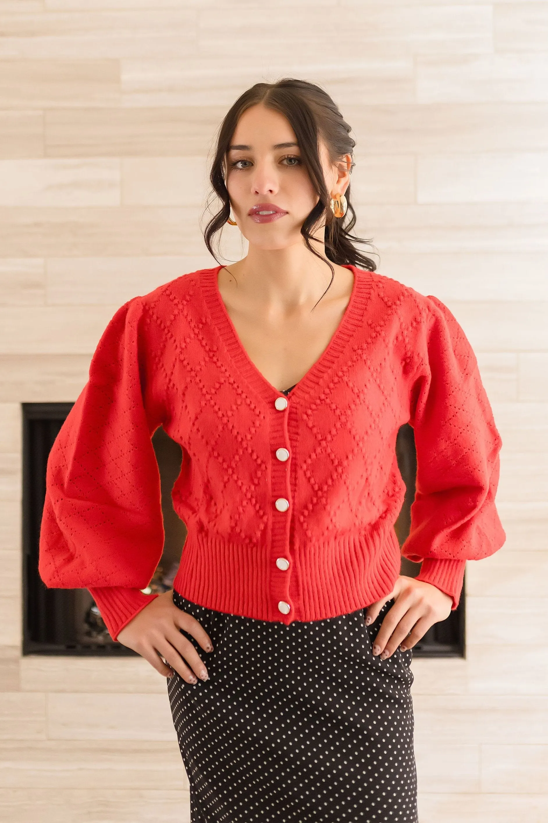 Cassidy Long Balloon Sleeve Textured Cropped Cardigan Red