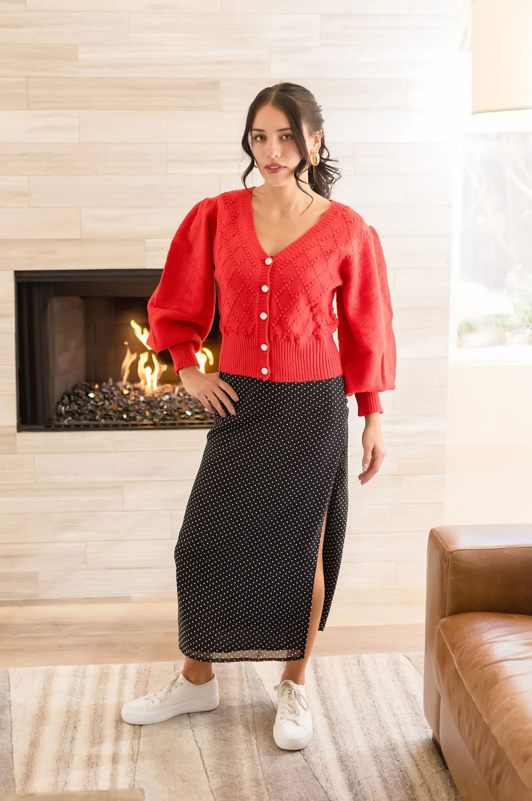 Cassidy Long Balloon Sleeve Textured Cropped Cardigan Red