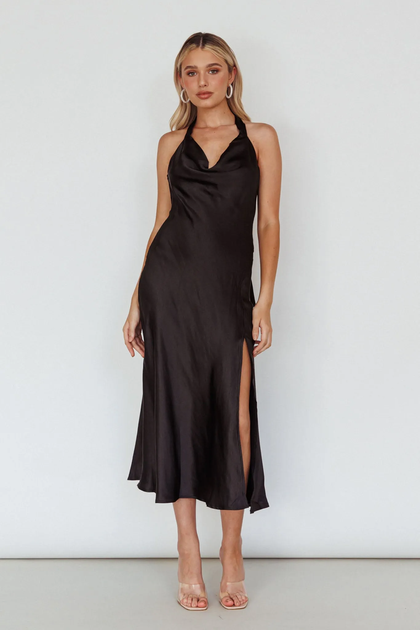 Champagne Showers Halterneck Slip Midi Dress Black