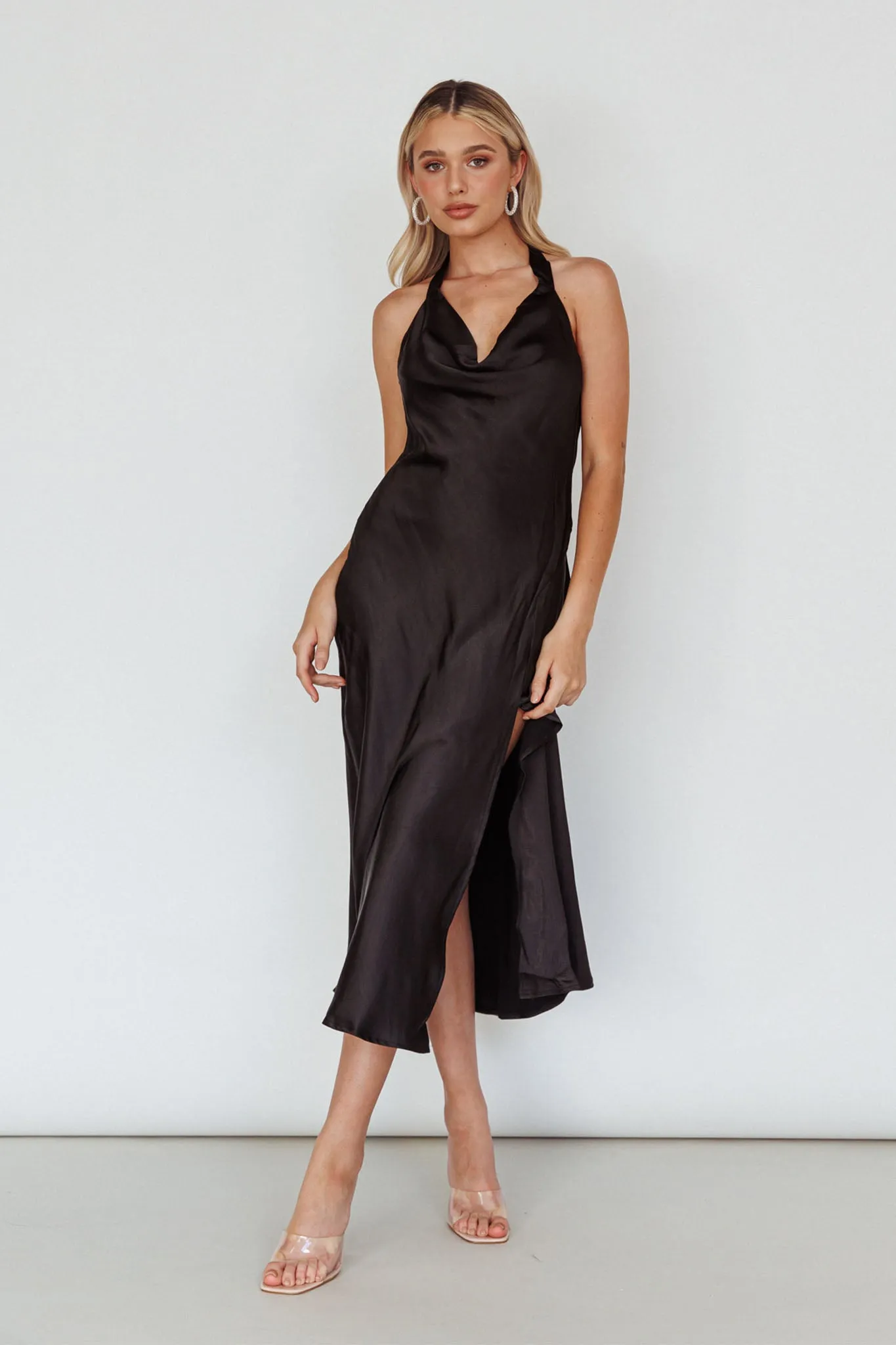 Champagne Showers Halterneck Slip Midi Dress Black