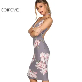 COLROVIE Bodycon Party Dress Women Grey Floral Sexy Backless Slip Summer Dresses 2017 Fashion Plunge Neck Elegant Midi Dress