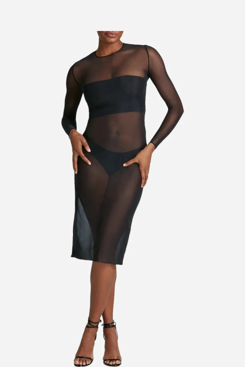 Commando Chic Mesh Long Sleeve Midi Dress in Black