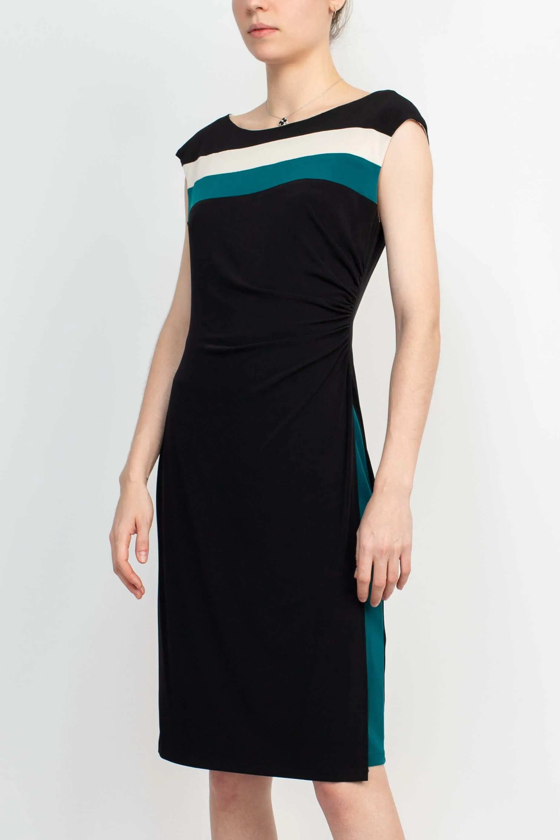 Connected Apparel Boat Neck Sleeveless Gathered Side Faux Wrap ITY Dress