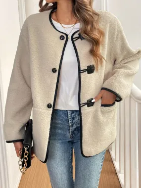 Contrast Trim Drop Shoulder Plush Coat