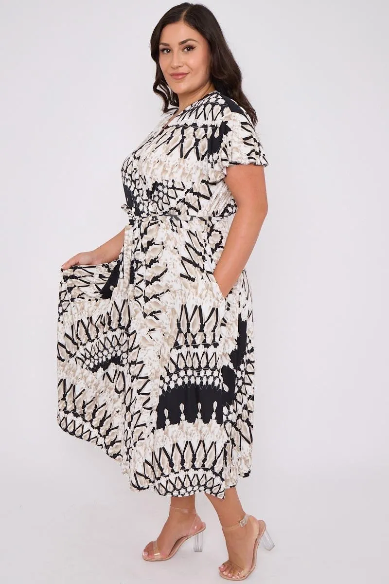 Dani Faux Wrap Dress in Cream and Black Print