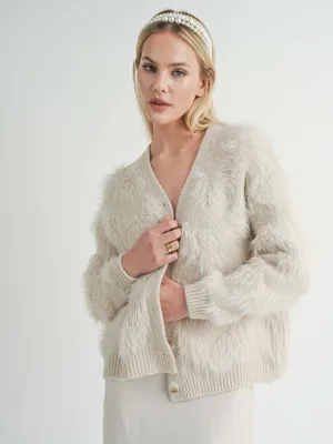 Delia Fuzzy Feather Stripe Cardigan - Ivory