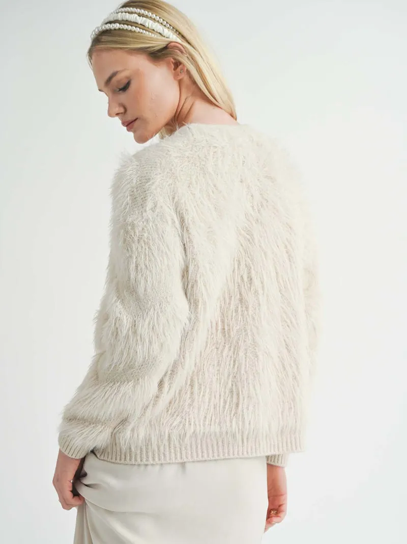 Delia Fuzzy Feather Stripe Cardigan - Ivory