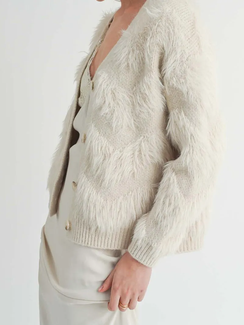 Delia Fuzzy Feather Stripe Cardigan - Ivory