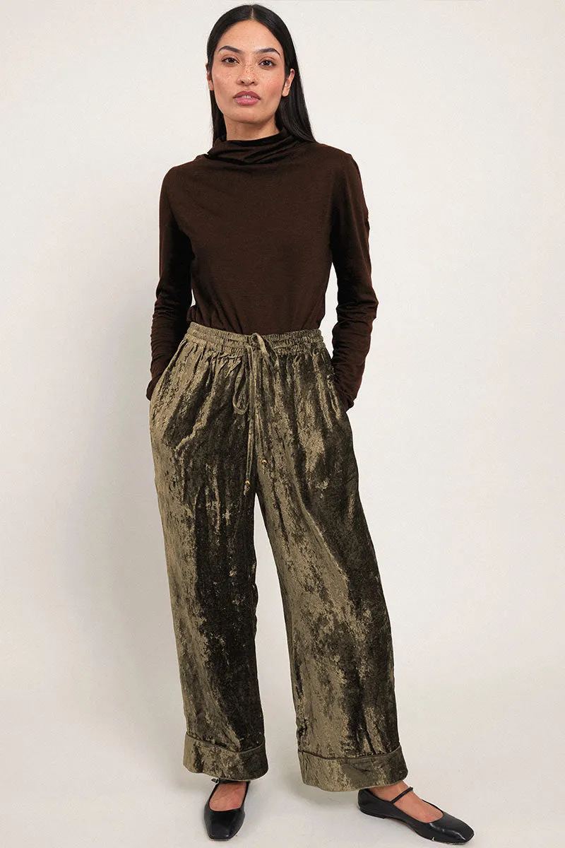 Delphine Green Velvet Wide Leg Trousers