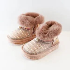 Doe a Dear PINK Rhinestone & Pearl Furry Toddler Girls Boots