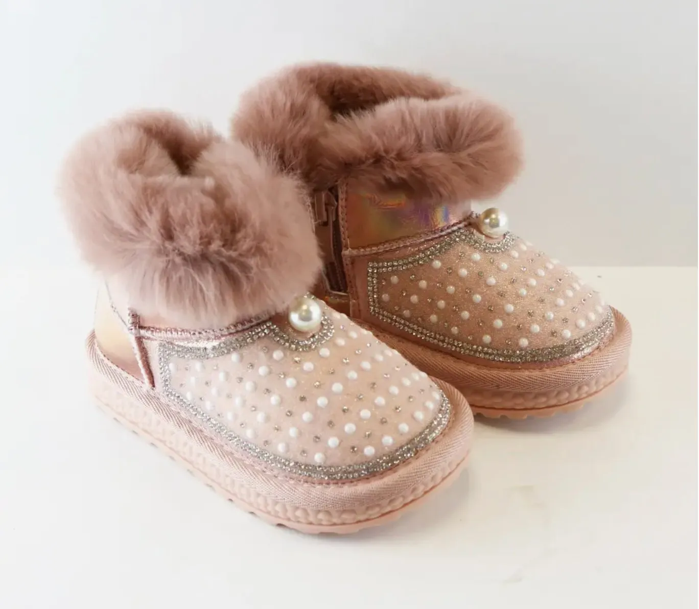 Doe a Dear PINK Rhinestone & Pearl Furry Toddler Girls Boots