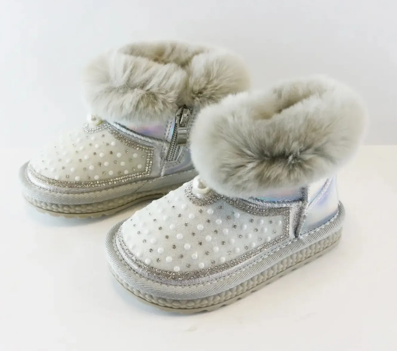 Doe a Dear SILVER Rhinestone & Pearl Furry Toddler Girls Boots