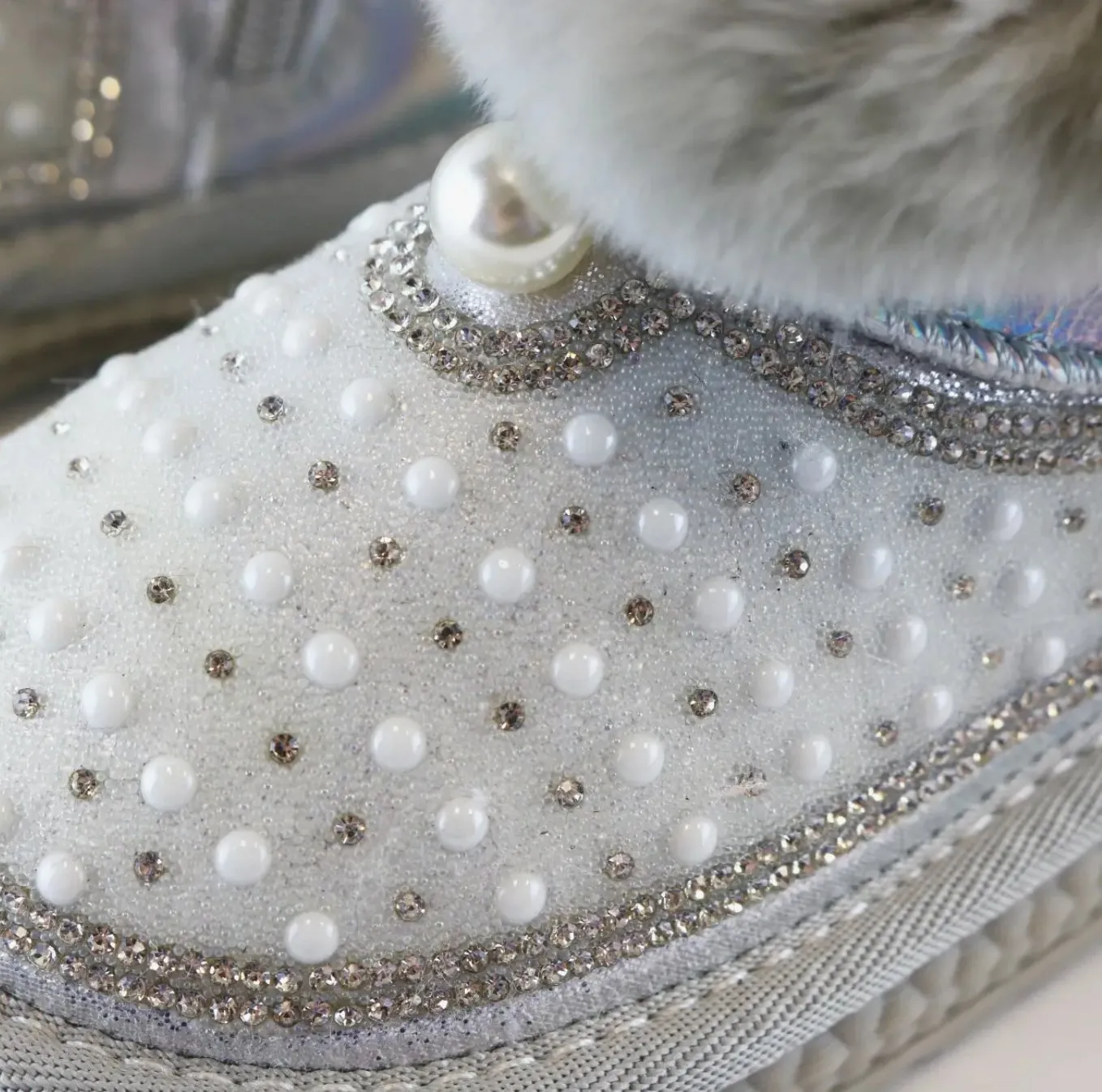 Doe a Dear SILVER Rhinestone & Pearl Furry Toddler Girls Boots