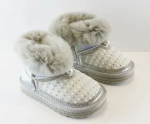 Doe a Dear SILVER Rhinestone & Pearl Furry Toddler Girls Boots