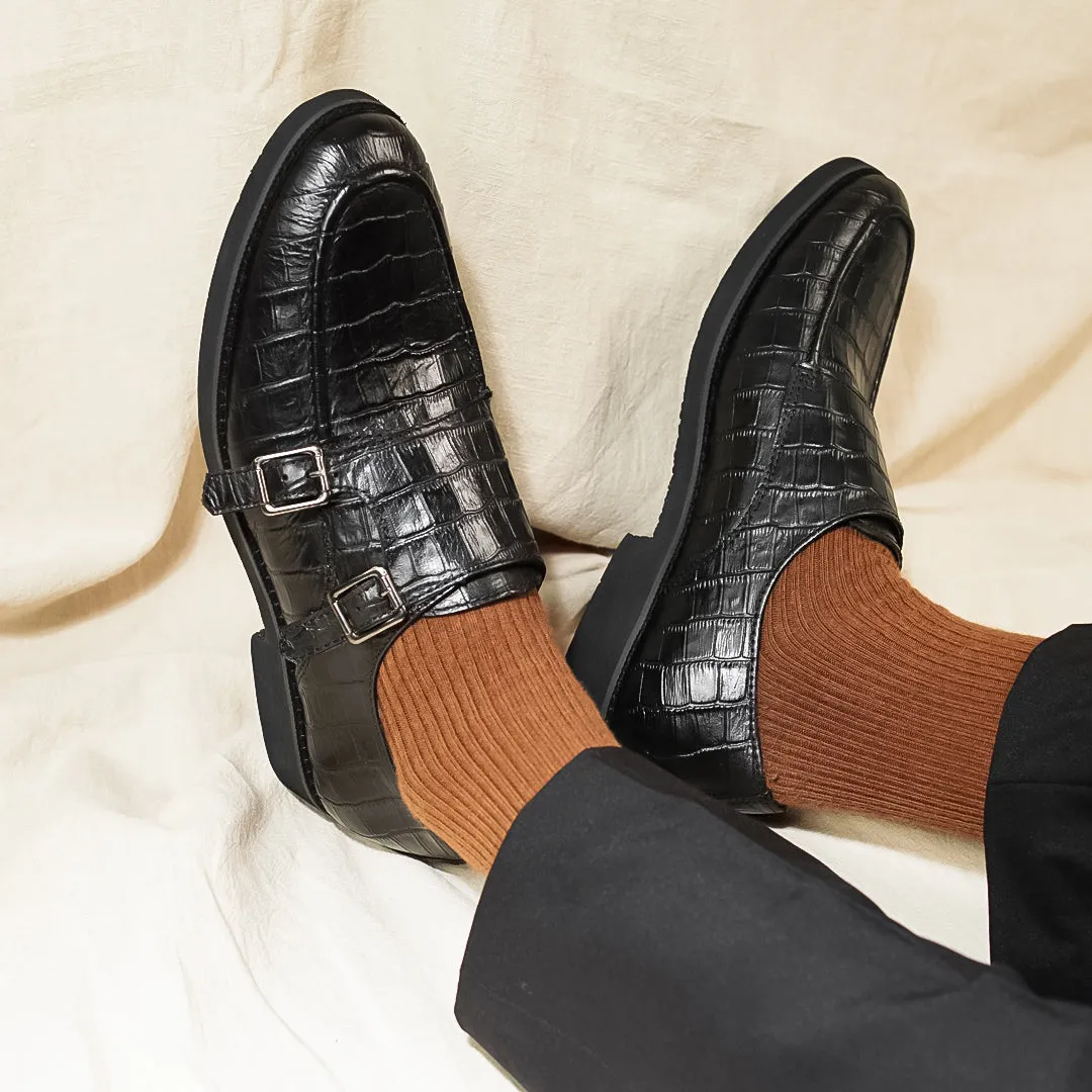 Double Monk Strap - Black Croco Leather (Crepe Sole)