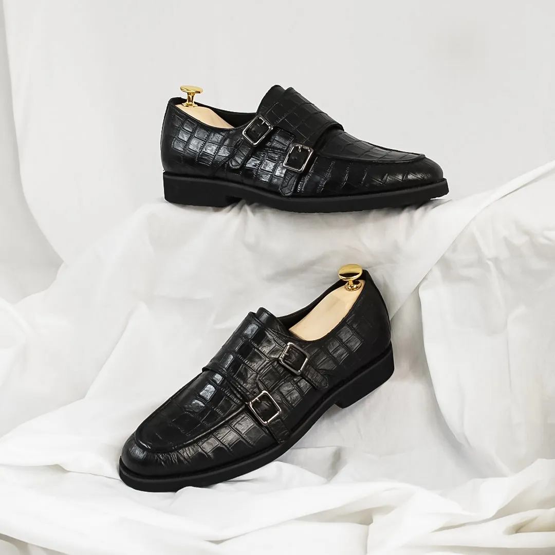 Double Monk Strap - Black Croco Leather (Crepe Sole)