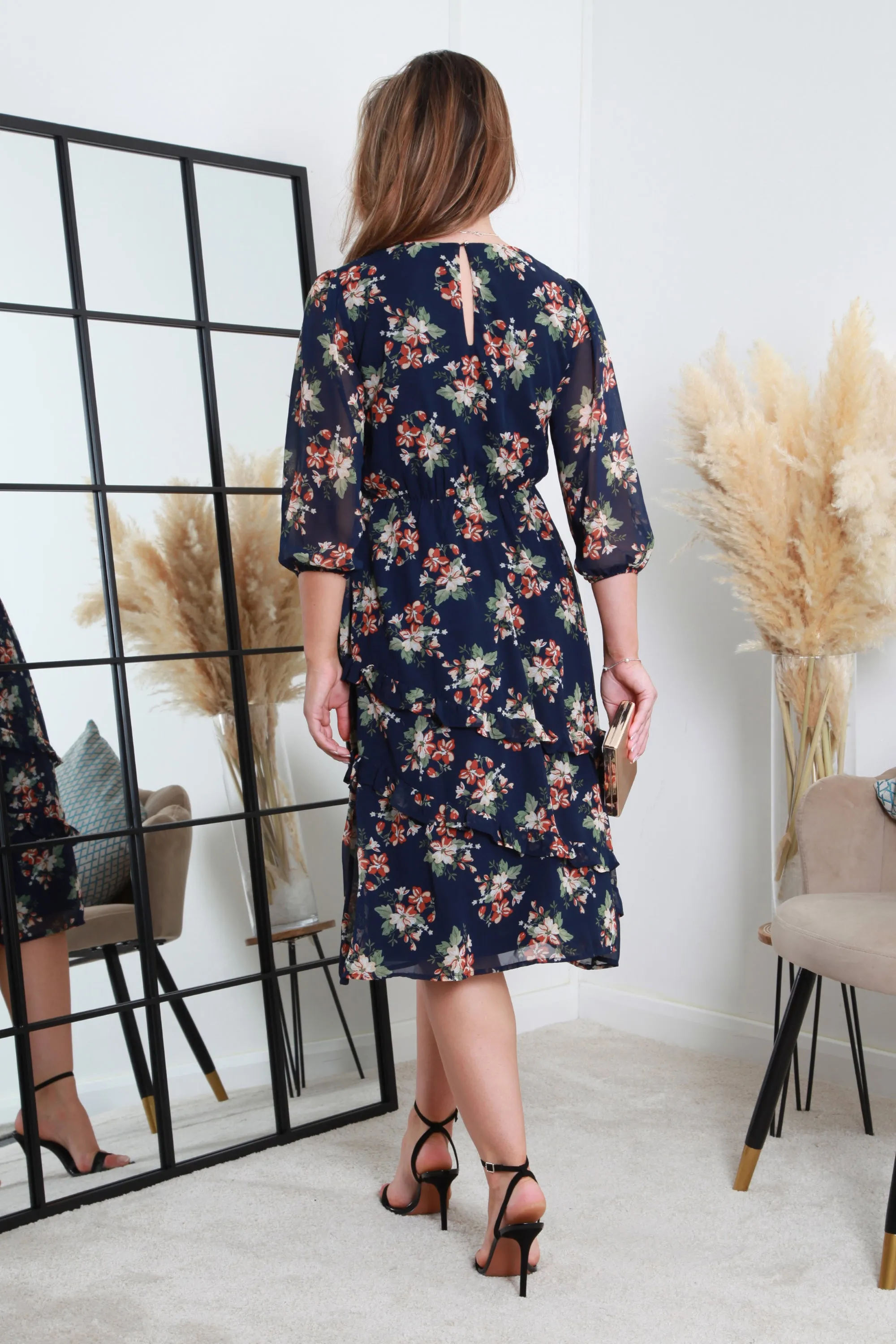 Double Second Printed Navy Wrap Dress With Tiered Frill Detail