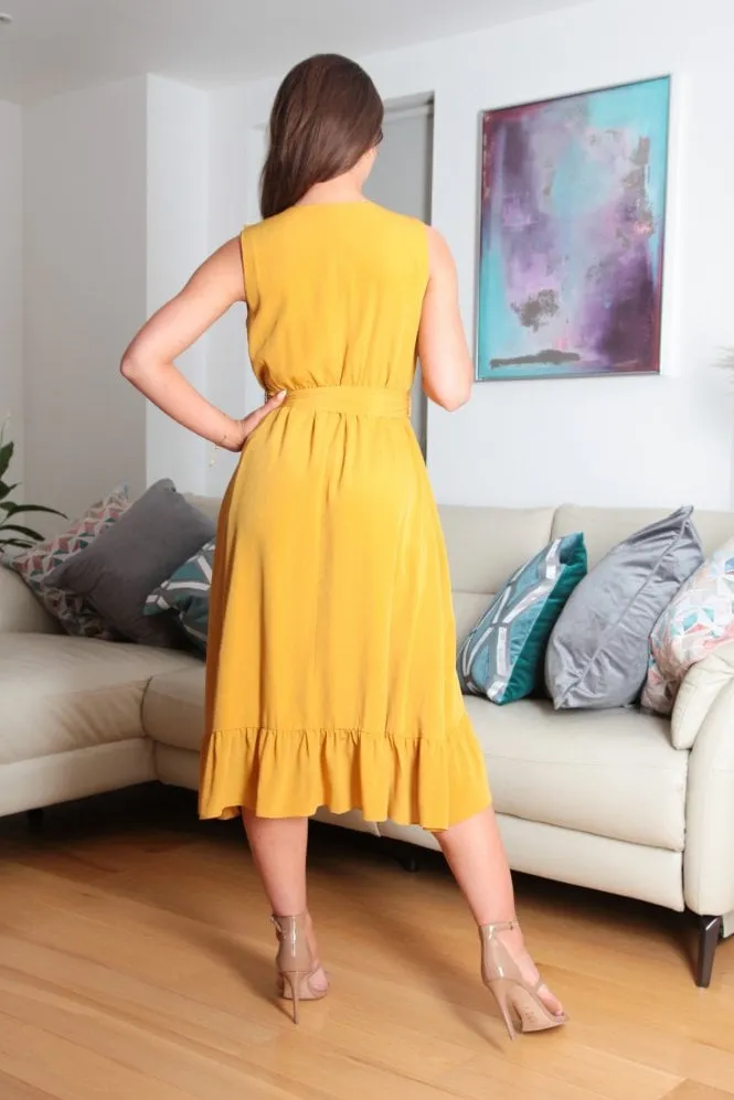 Double Second Sleeveless Yellow Wrap Dress With Frill