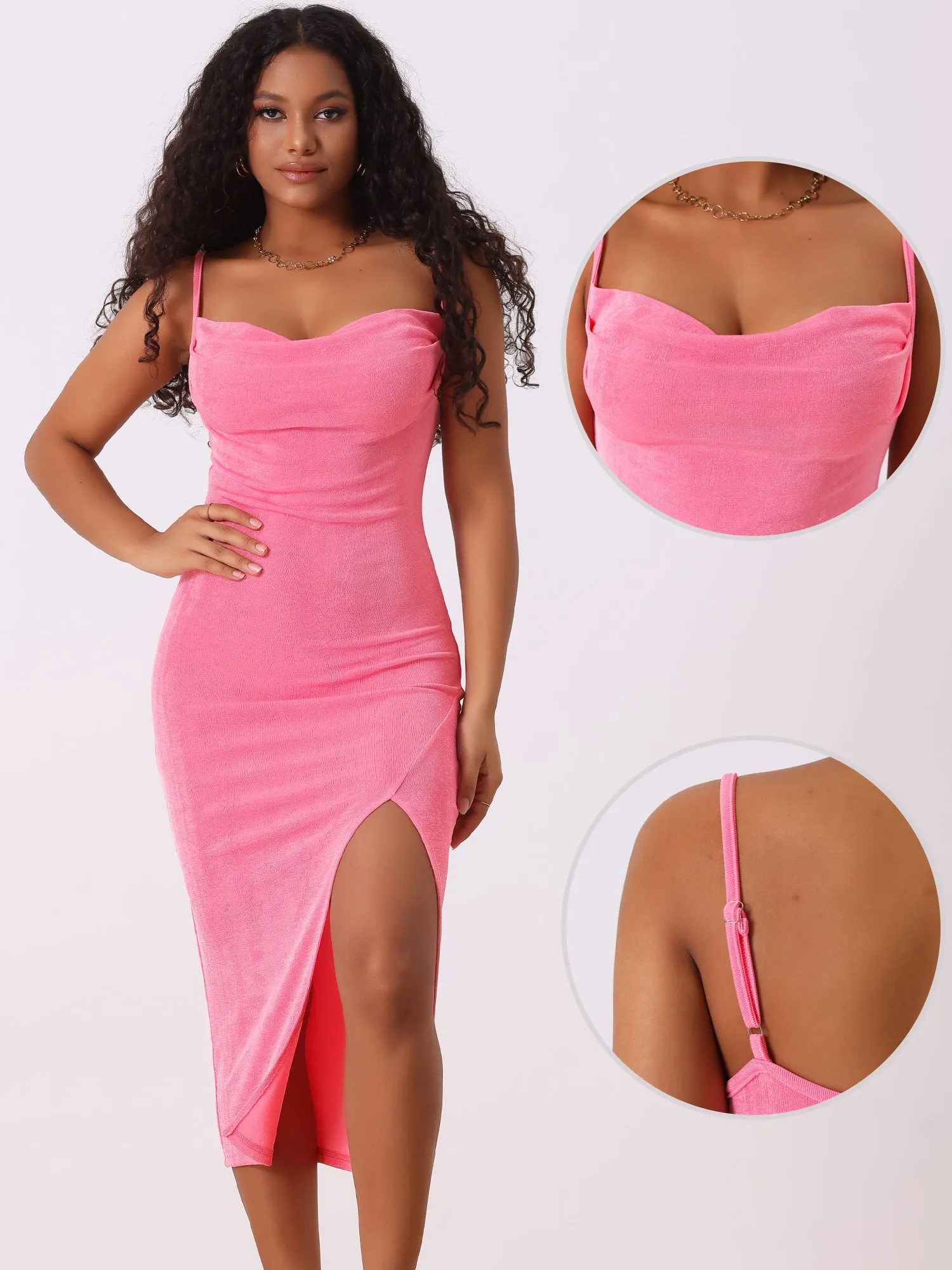 Drape Cowl Neck Split Hem Sleeveless Cami Bodycon Backless Midi Dress