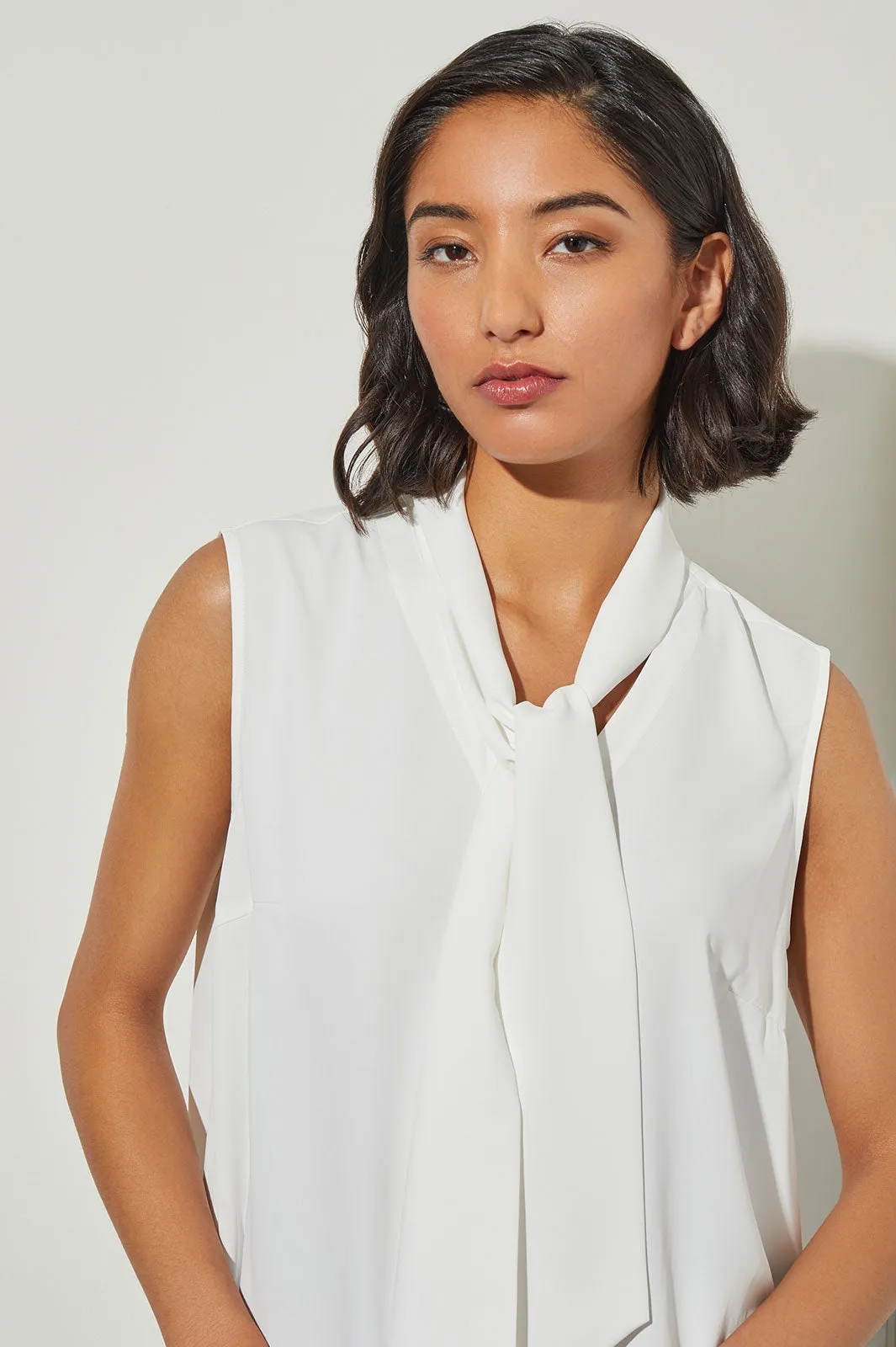 Drape Tie-Neck Crepe de Chine Blouse, White