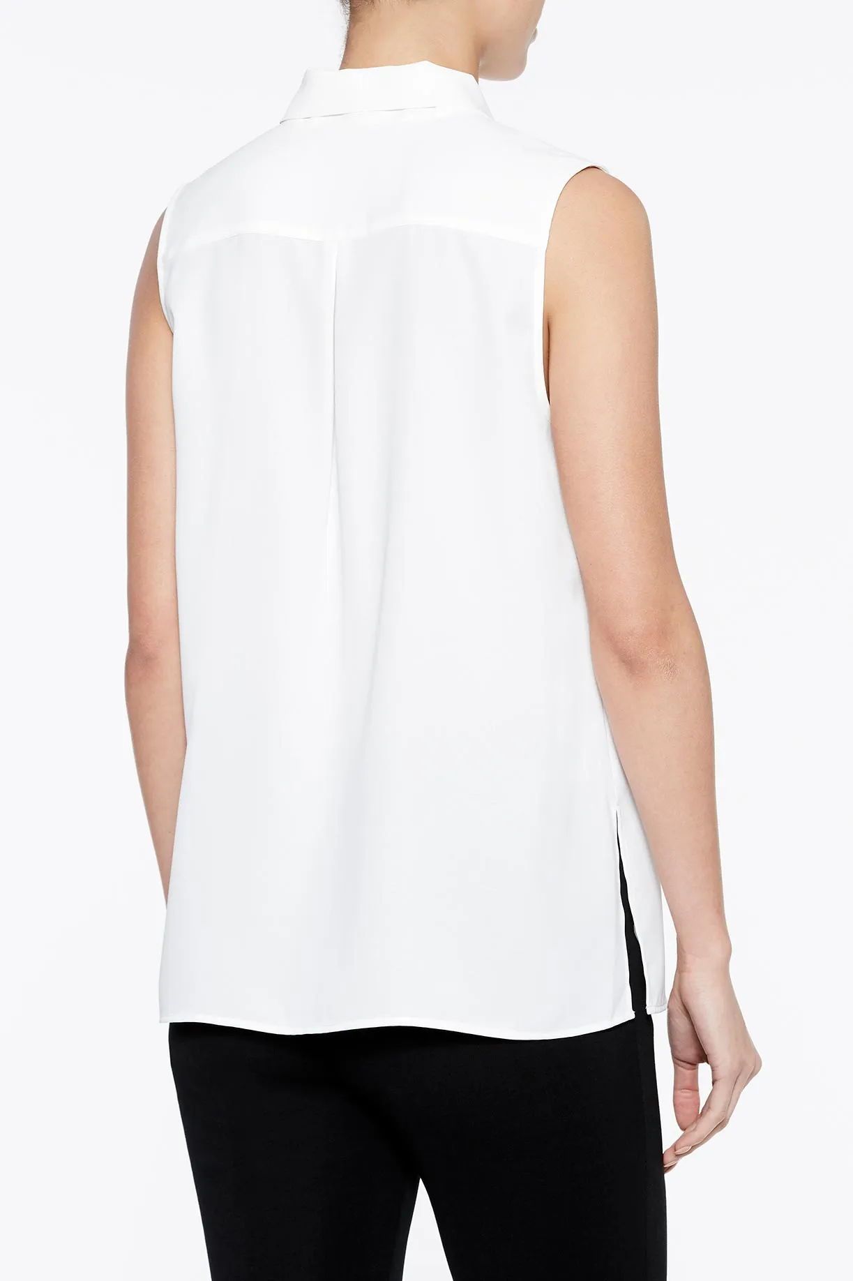 Drape Tie-Neck Crepe de Chine Blouse, White