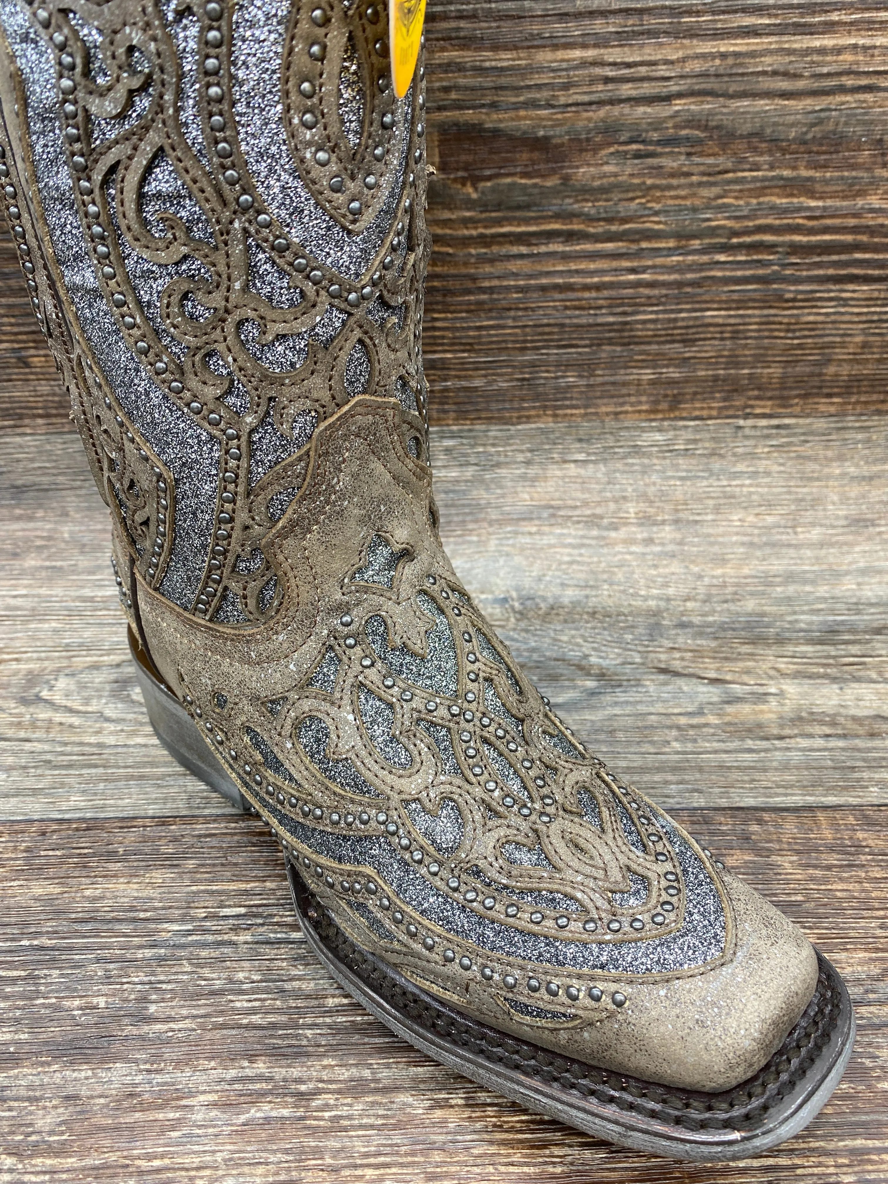 e1512 Women's Brown & Grey Glitter Inlay Square Toe Western Boot by Corral