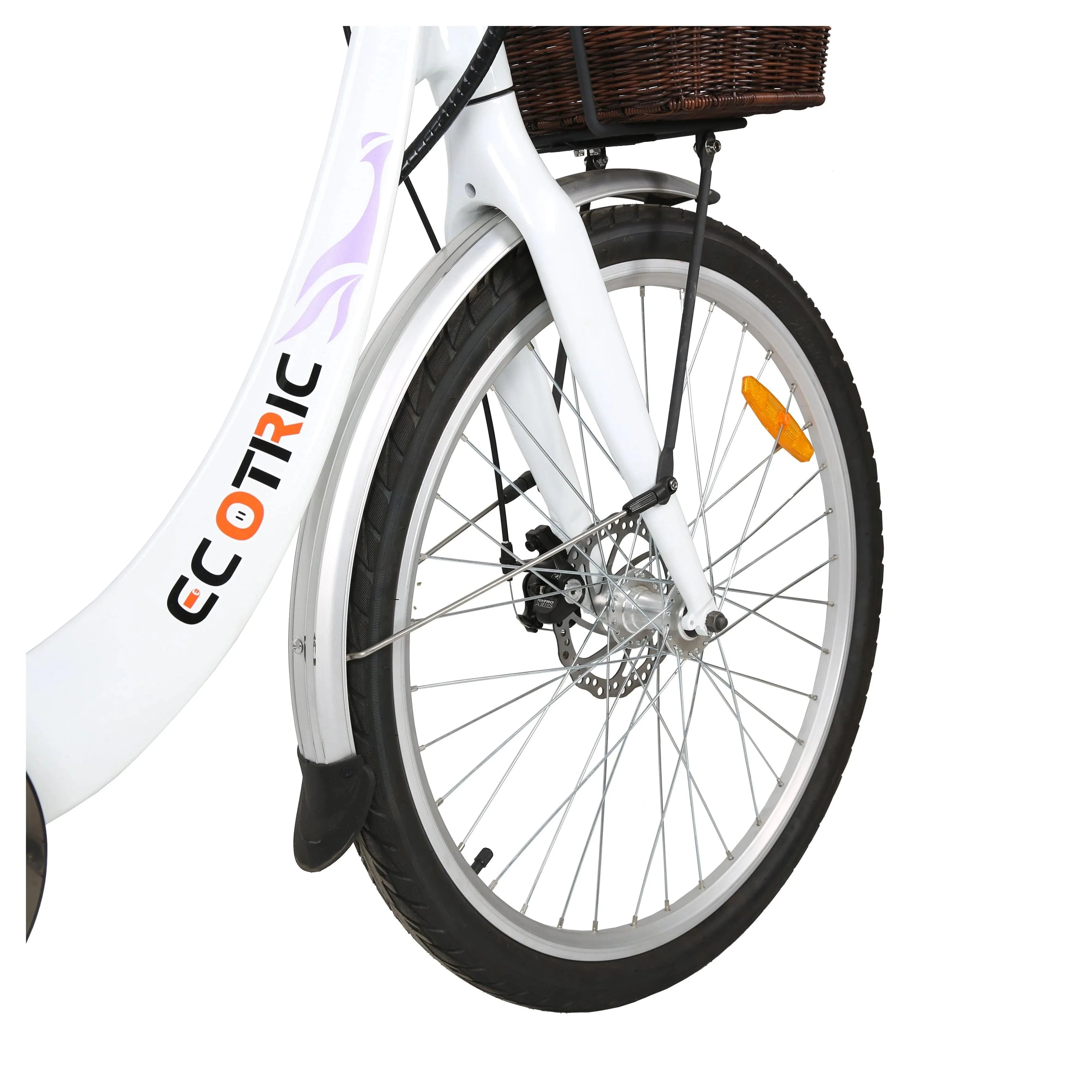 Ecotric 26inch White Lark Electric City Bike For Women with basket and rear rack