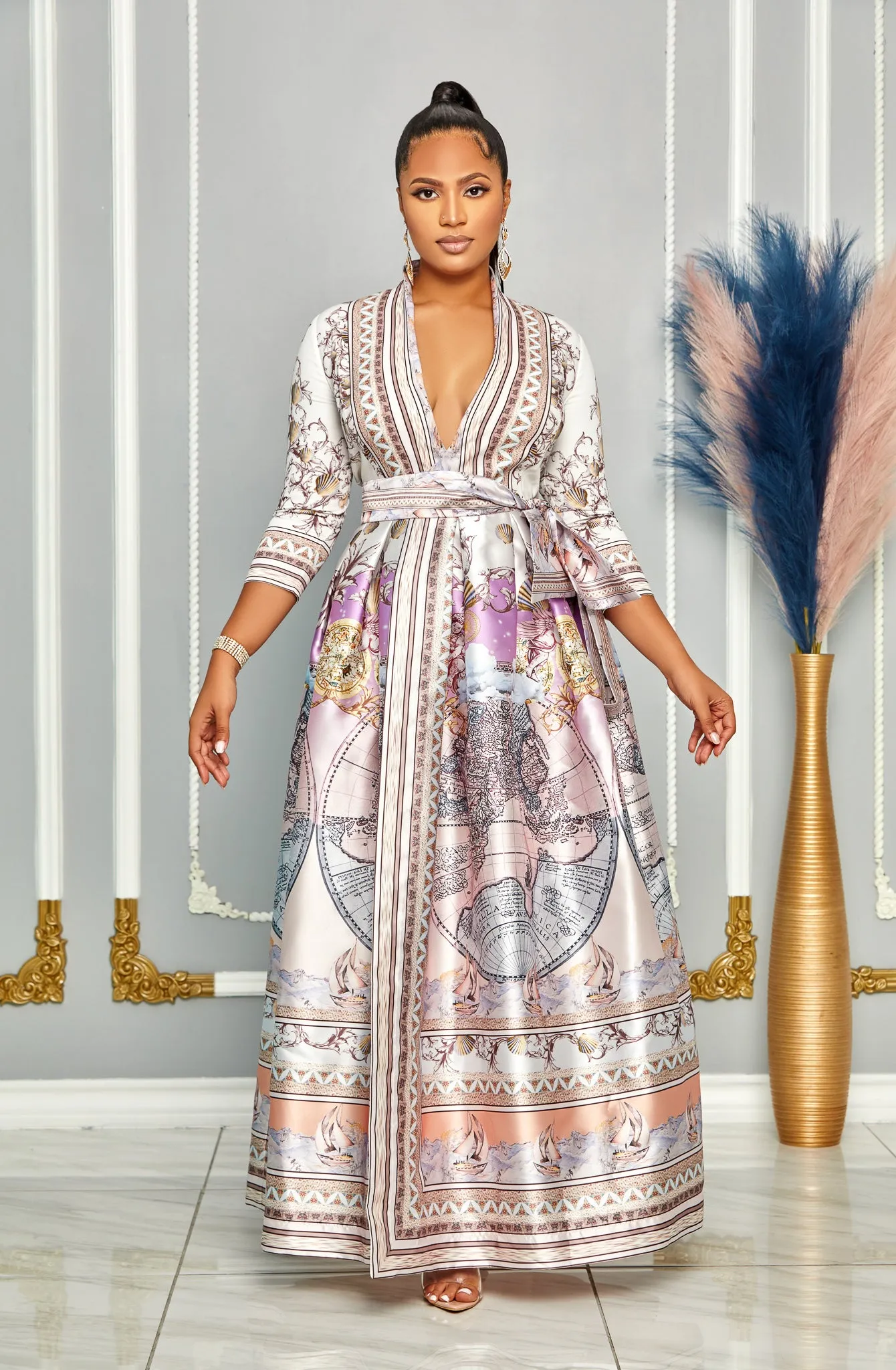 ELEGANT V-NECK 3/4 SLEEVE FIT & FLARE WRAP MAXI DRESS (MULTI PRINT)