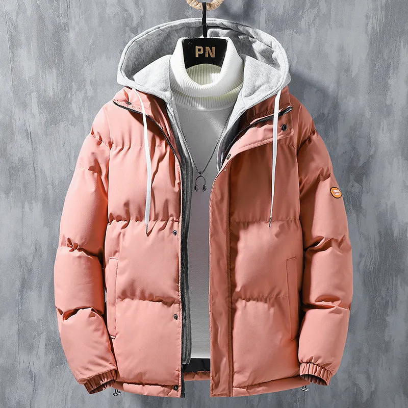 Fashion Hooded Cotton Jacket Men Winter Windproof Thickened Fake Two-piece