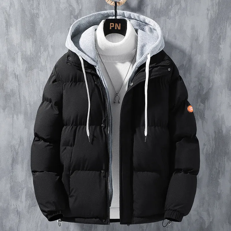 Fashion Hooded Cotton Jacket Men Winter Windproof Thickened Fake Two-piece