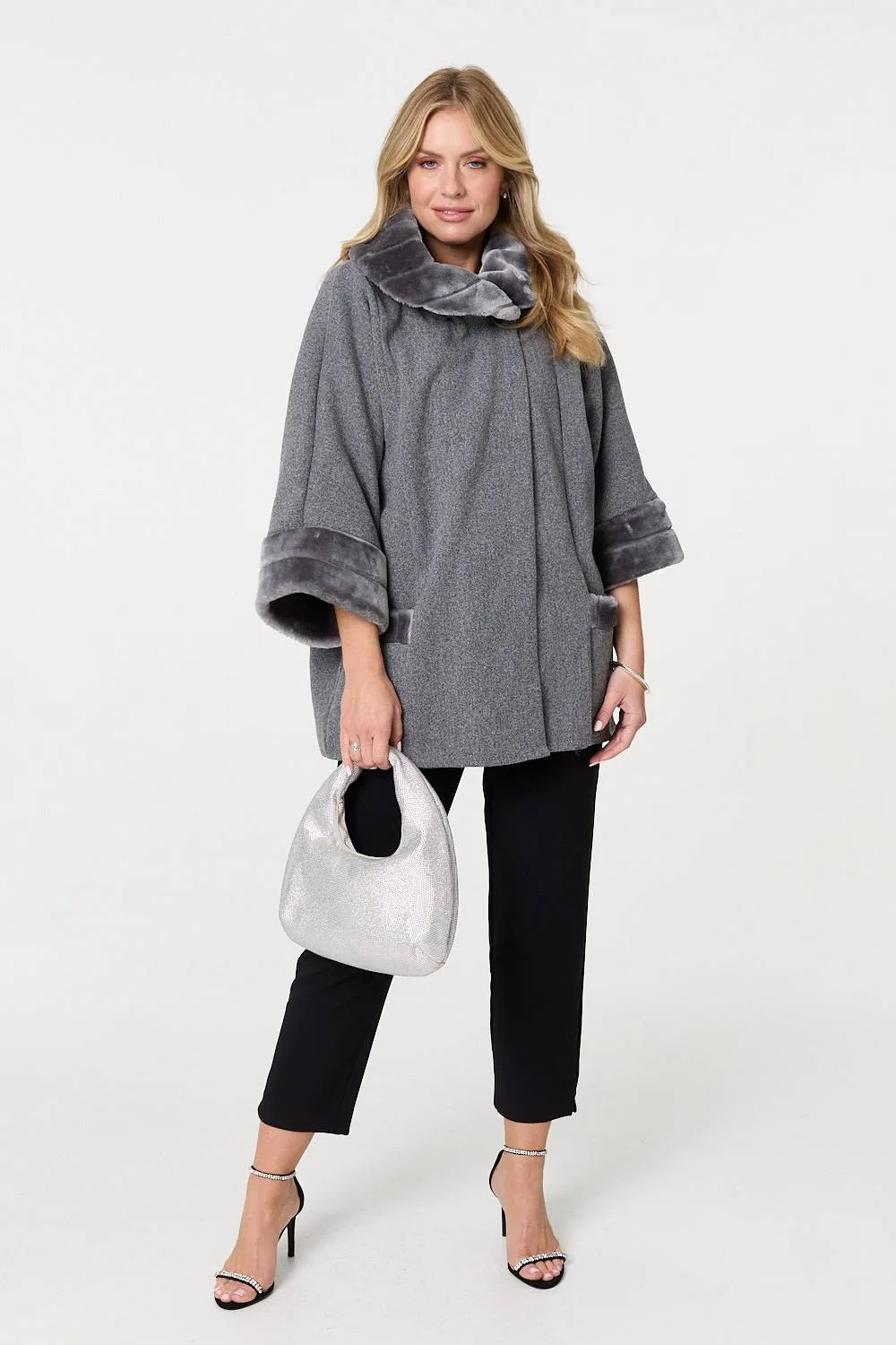 Faux Fur Trim 3/4 Sleeve Cape Coat