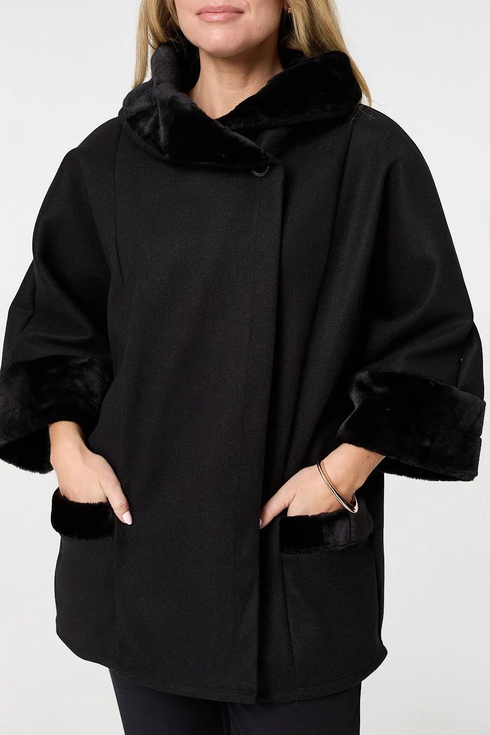 Faux Fur Trim 3/4 Sleeve Cape Coat