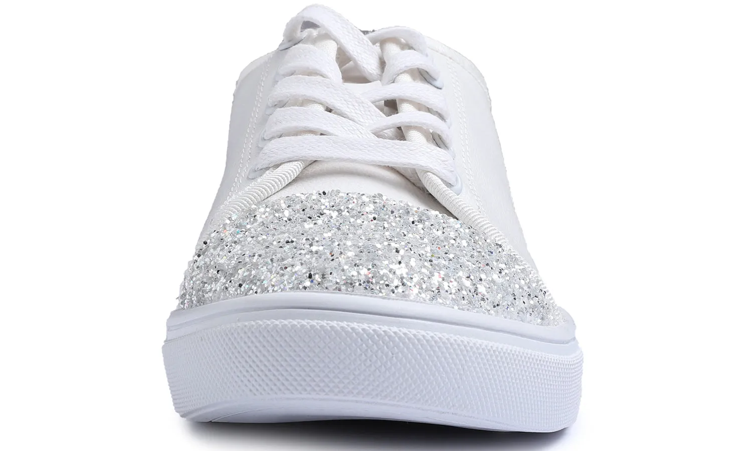 Feversole Women's Fashion Dress Sneakers Party Bling Casual Flats Embellished Shoes Ice Silver Glitter Cap Lace Up