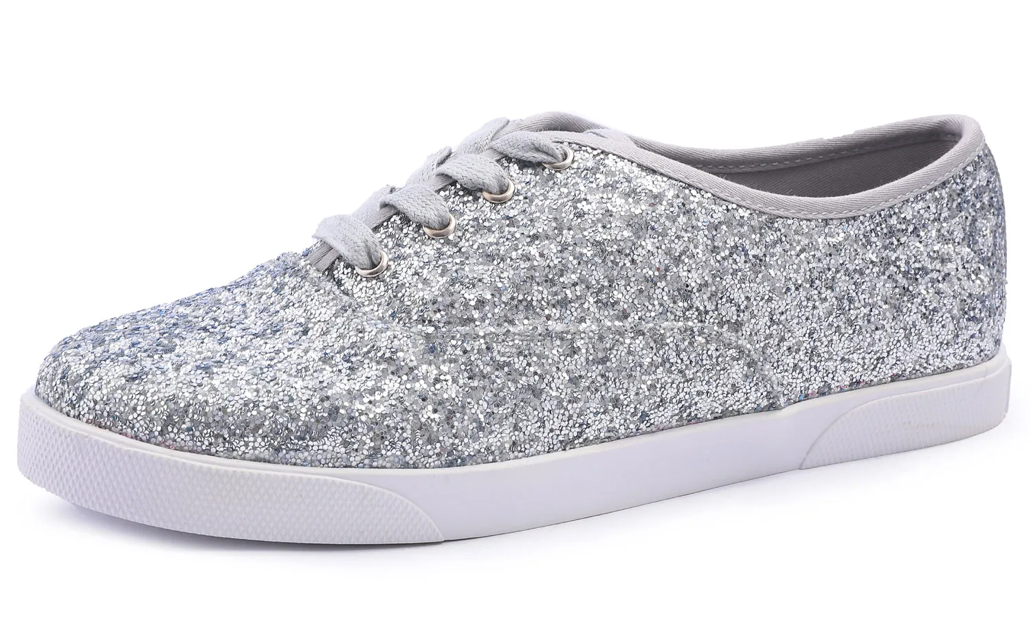 Feversole Women's Fashion Dress Sneakers Party Bling Casual Flats Embellished Shoes Silver Plimsolls Glitter Lace