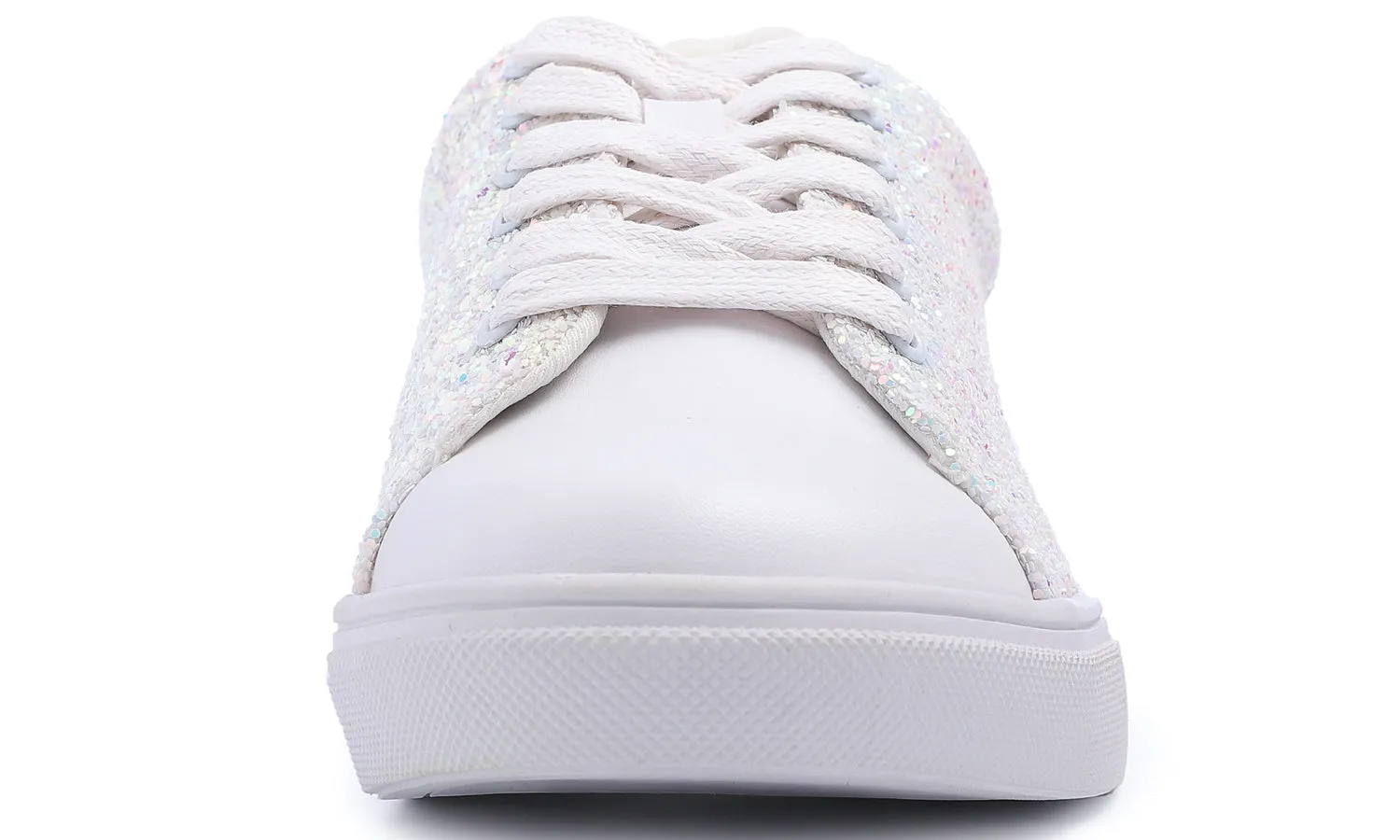 Feversole Women's Fashion Dress Sneakers Party Bling Casual Flats Embellished Shoes White Glitter Lace