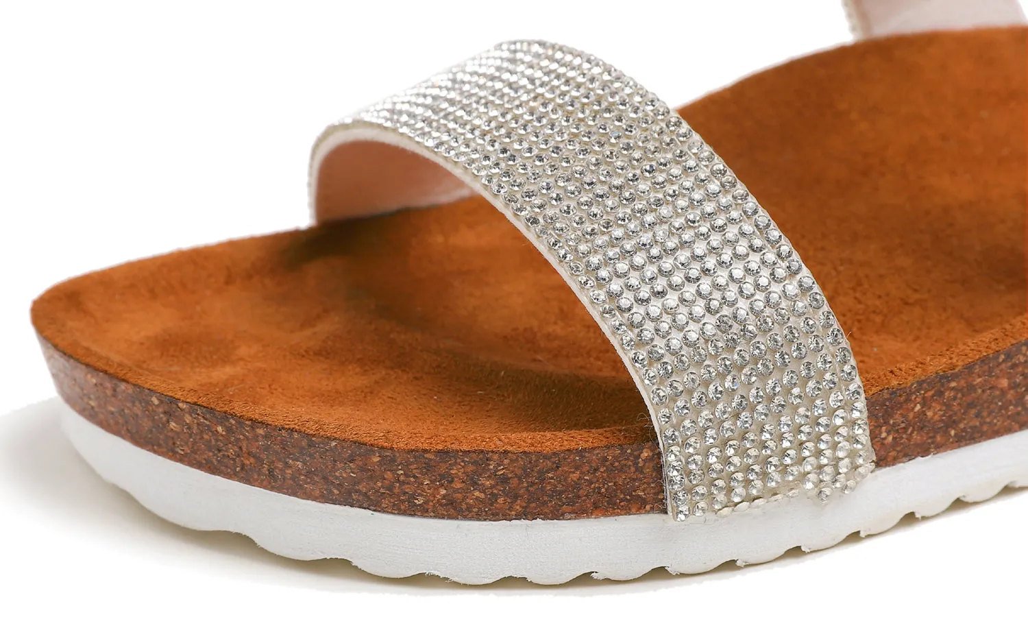 Feversole Women's Fashion Sparkle Slide Sandals Soft Cork Footbed Comfort Flats Silver Rhinestone